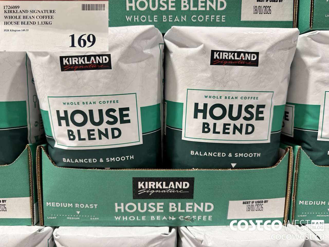 1726089 KIRKLAND SIGNATURE WHOLE BEAN COFFEE HOUSE BLEND 1.13KG $169.00