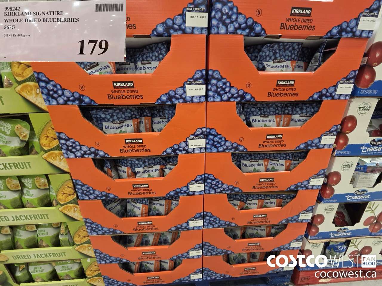 998242 KIRKLAND SIGNATURE WHOLE DRIED BLUEBERRIES 567G $179.00