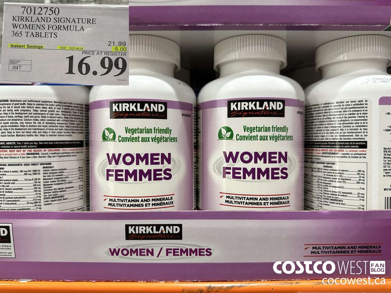 7012750 KIRKLAND SIGNATURE WOMEN MULTI VITAMIN & MINERAL 365 TABLETS ($5.00 INSTANT SAVINGS EXPIRES ON 2025-08-03) $16.99
