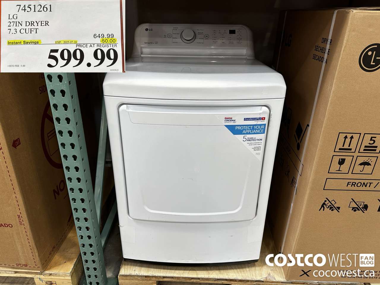 7451261 LG 27IN 7.3 CU. FT DRYER ($50.00 INSTANT SAVINGS EXPIRES ON 2025-07-16) $599.99