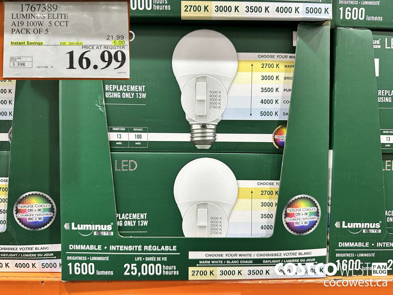 1767389 LUMINUS ELITE A19 100W 5 CCT PACK OF 5 ($5.00 INSTANT SAVINGS EXPIRES ON 2025-08-03) $16.99