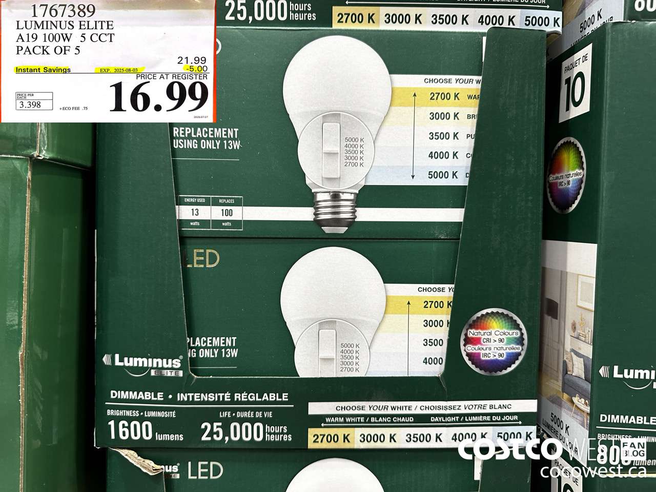1767389 LUMINUS ELITE A19 100W 5 CCT PACK OF 5 ($5.00 INSTANT SAVINGS EXPIRES ON 2025-08-03) $16.99