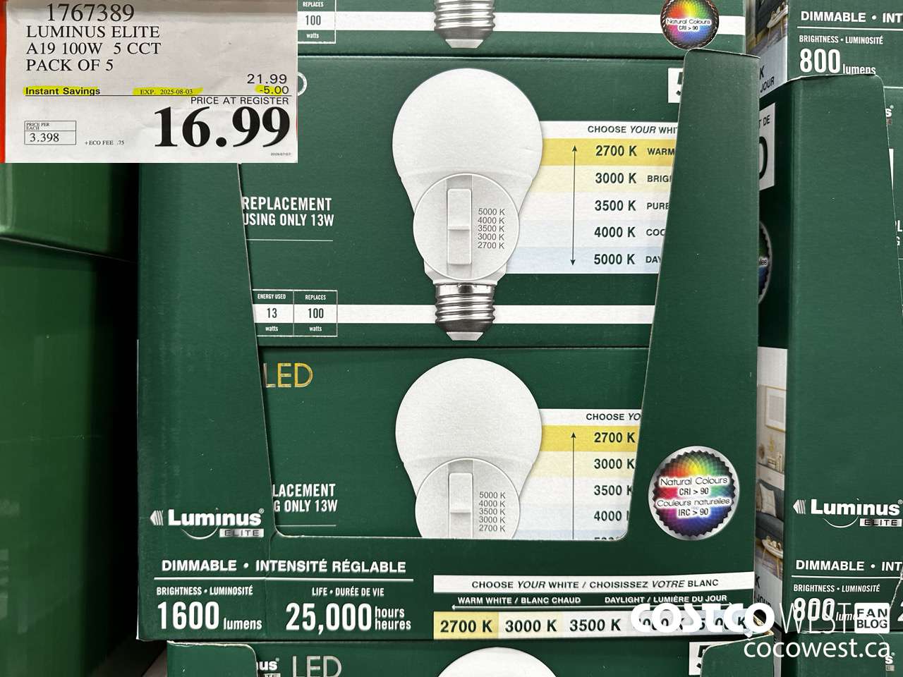 1767389 LUMINUS ELITE A19 100W 5 CCT PACK OF 5 ($5.00 INSTANT SAVINGS EXPIRES ON 2025-08-03) $16.99