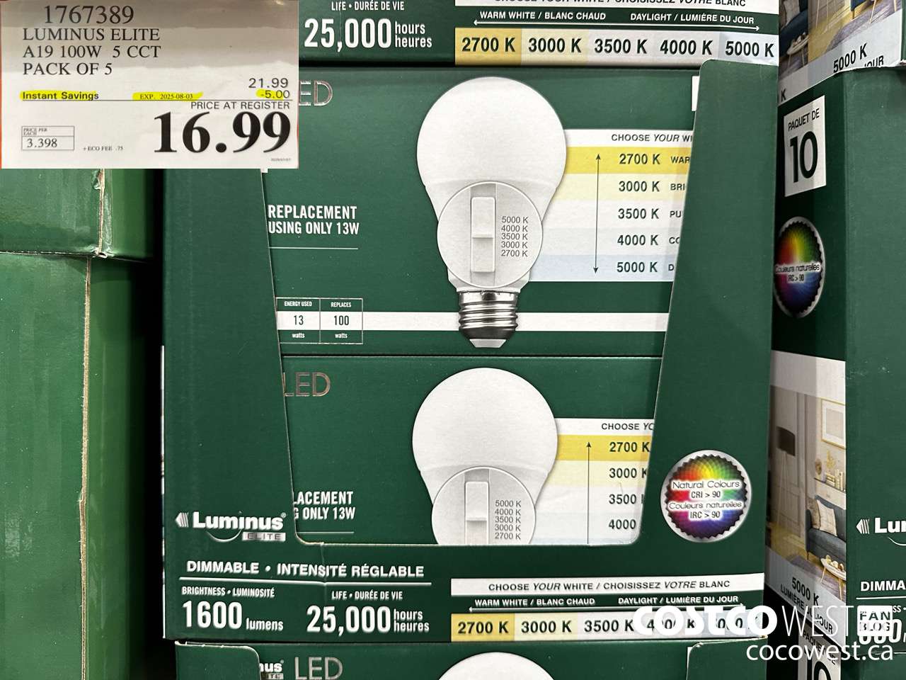 1767389 LUMINUS ELITE A19 100W 5 CCT PACK OF 5 ($5.00 INSTANT SAVINGS EXPIRES ON 2025-08-03) $16.99