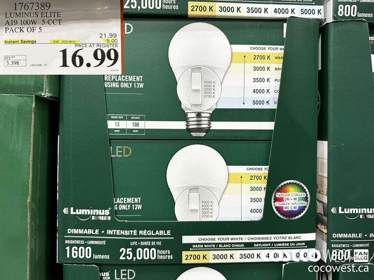 1767389 LUMINUS ELITE A19 100W 5 CCT PACK OF 5 ($5.00 INSTANT SAVINGS EXPIRES ON 2025-08-03) $16.99