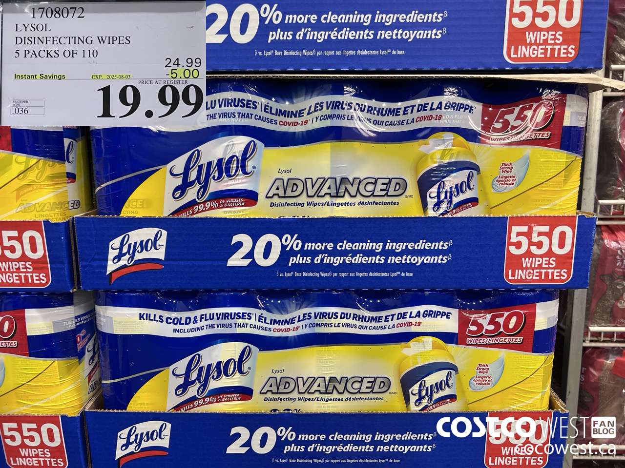 1708072 LYSOL DISINFECTING WIPES 5 X 110 WIPES ($5.00 INSTANT SAVINGS EXPIRES ON 2025-08-03) $19.99