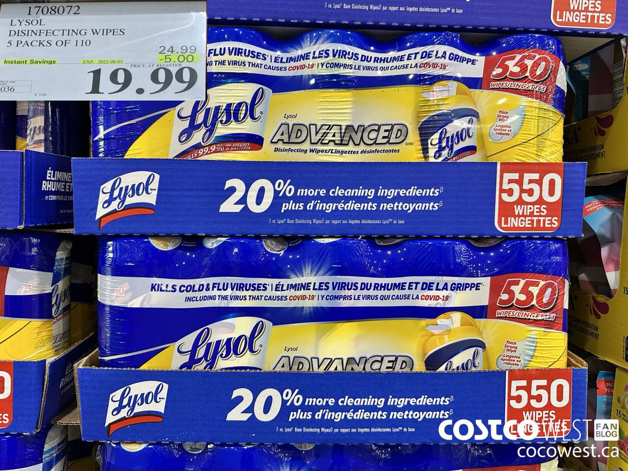 1708072 LYSOL DISINFECTING WIPES 5 X 110 WIPES ($5.00 INSTANT SAVINGS EXPIRES ON 2025-08-03) $19.99