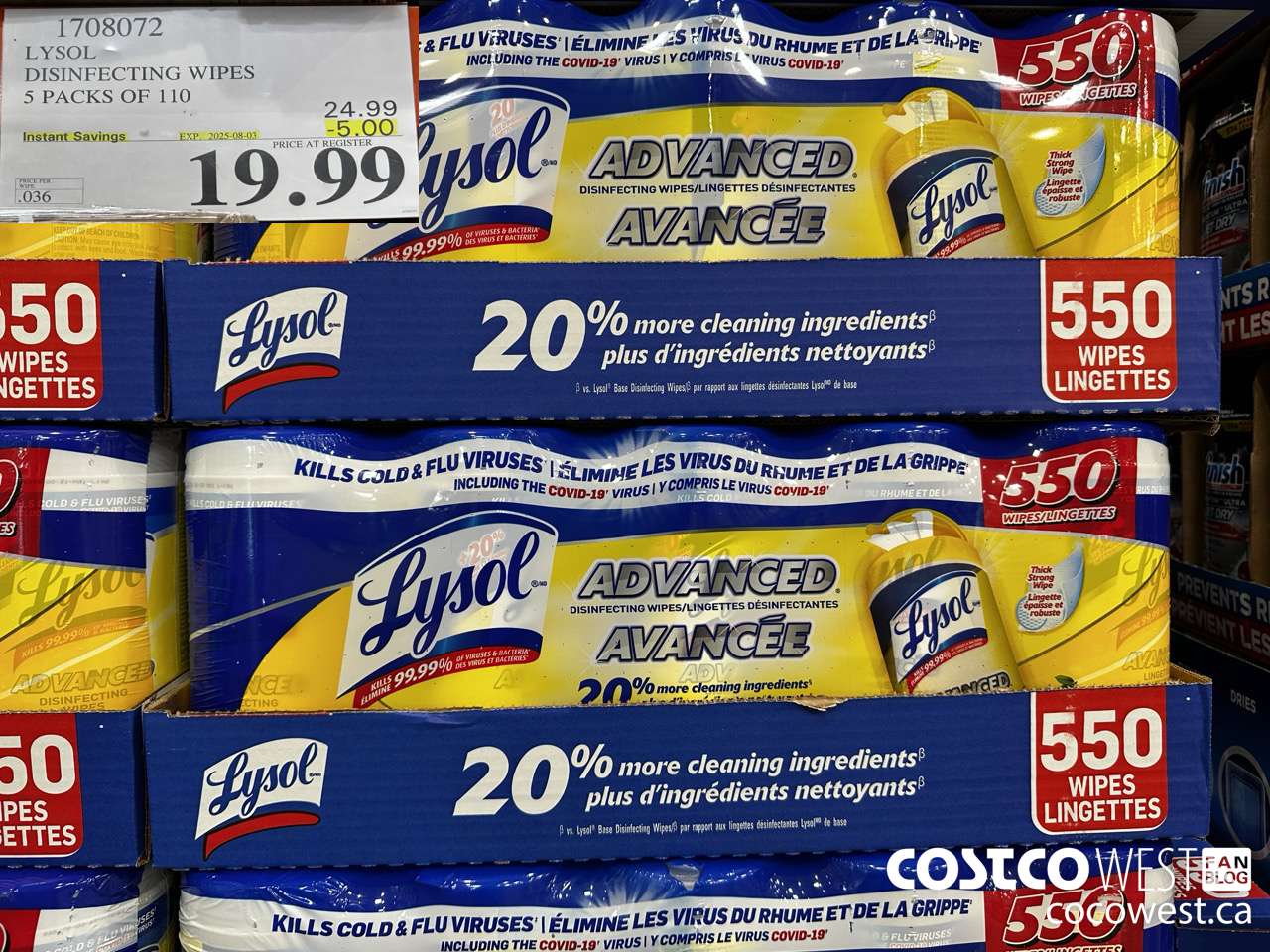 1708072 LYSOL DISINFECTING WIPES 5 X 110 WIPES ($5.00 INSTANT SAVINGS EXPIRES ON 2025-08-03) $19.99