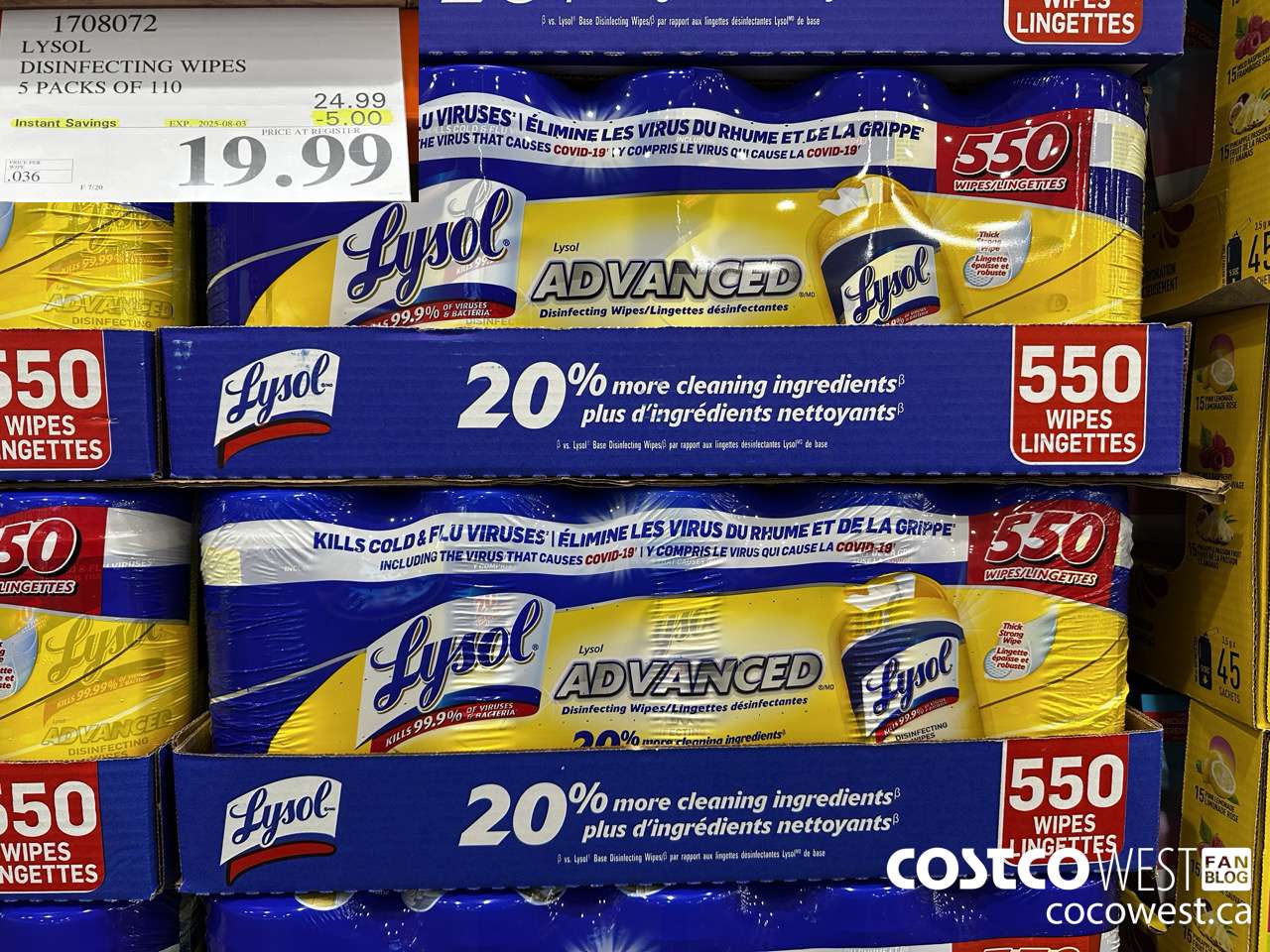 1708072 LYSOL DISINFECTING WIPES 5 X 110 WIPES ($5.00 INSTANT SAVINGS EXPIRES ON 2025-08-03) $19.99