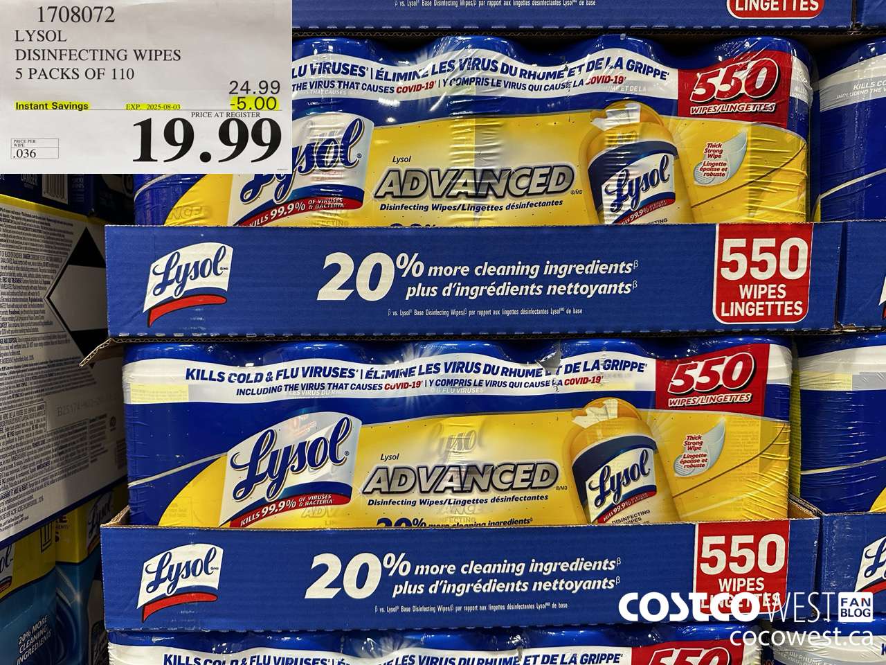 1708072 LYSOL DISINFECTING WIPES 5 X 110 WIPES ($5.00 INSTANT SAVINGS EXPIRES ON 2025-08-03) $19.99