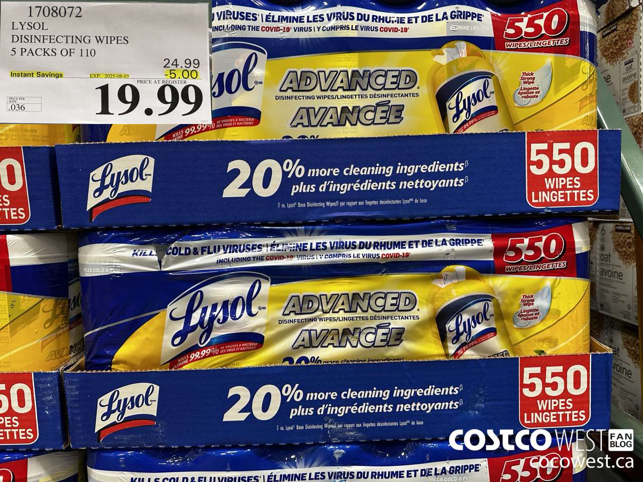 1708072 LYSOL DISINFECTING WIPES 5 X 110 WIPES ($5.00 INSTANT SAVINGS EXPIRES ON 2025-08-03) $19.99