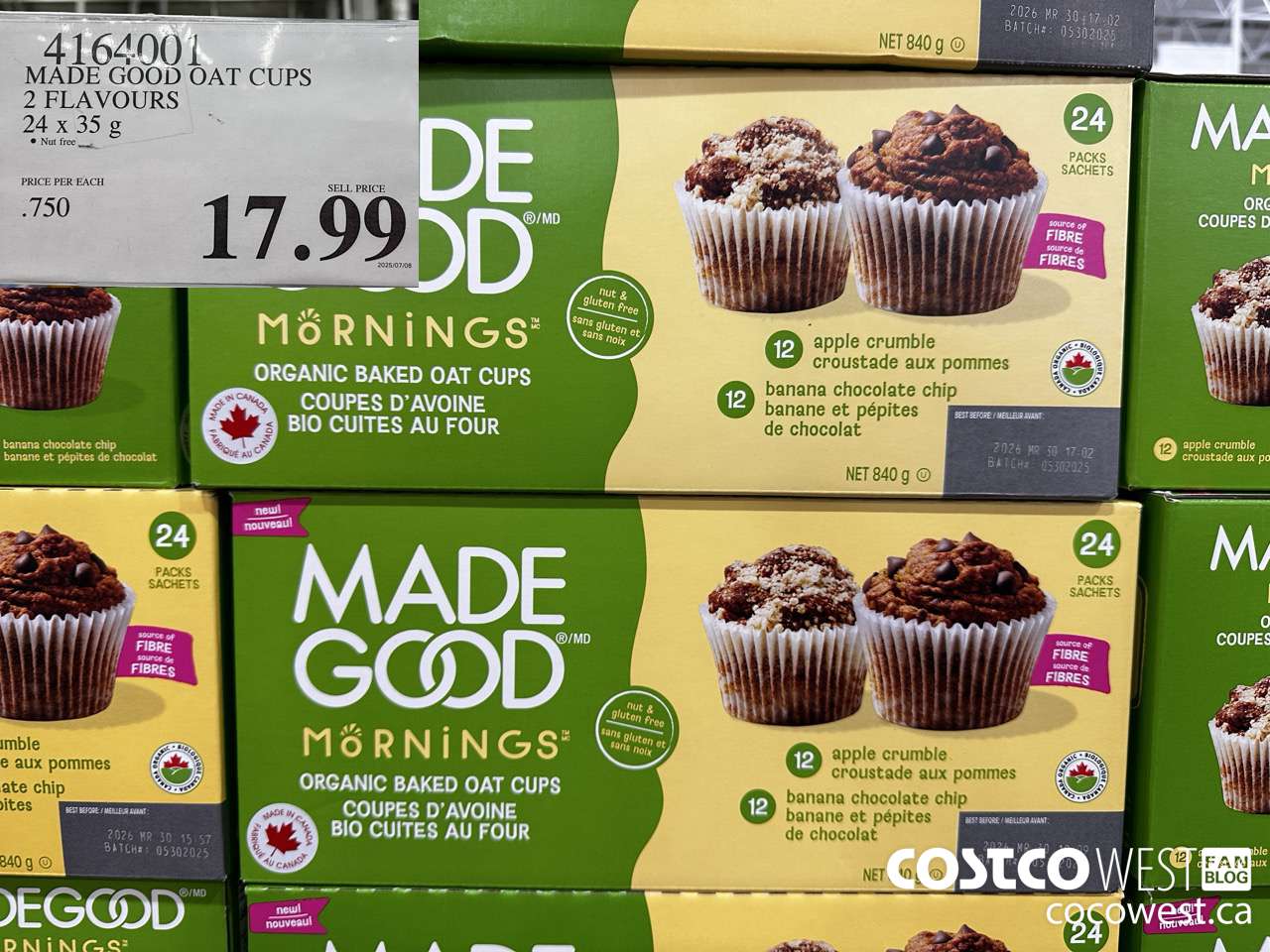 4164001 MADE GOOD OAT CUPS 2 FLAVOURS 24 X 35G $17.99