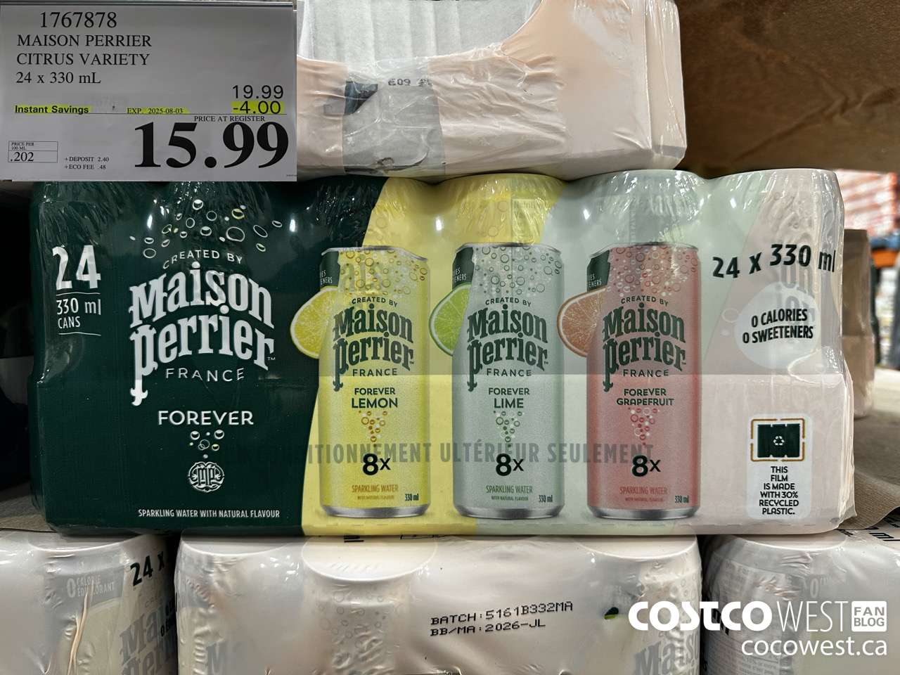 1767878 MAISON PERRIER CITRUS VARIETY 24 X 330ML ($4.00 INSTANT SAVINGS EXPIRES ON 2025-08-03) $15.99