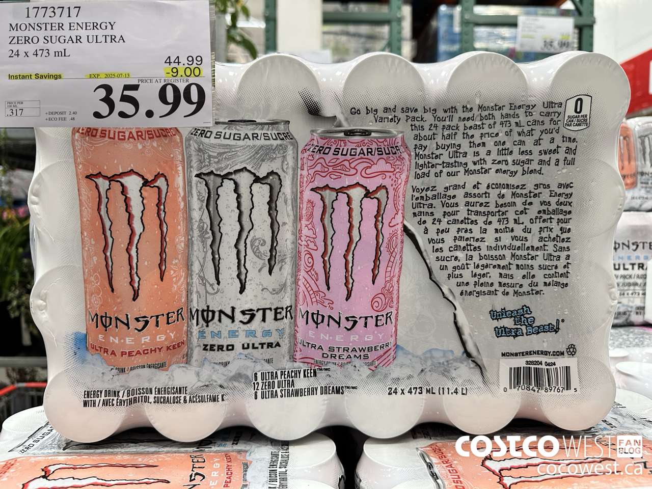 1773717 MONSTER ENERGY ZERO SUGAR ULTRA 94 x 473 mL ($9.00 INSTANT SAVINGS EXPIRES ON 2025-07-13) $35.99
