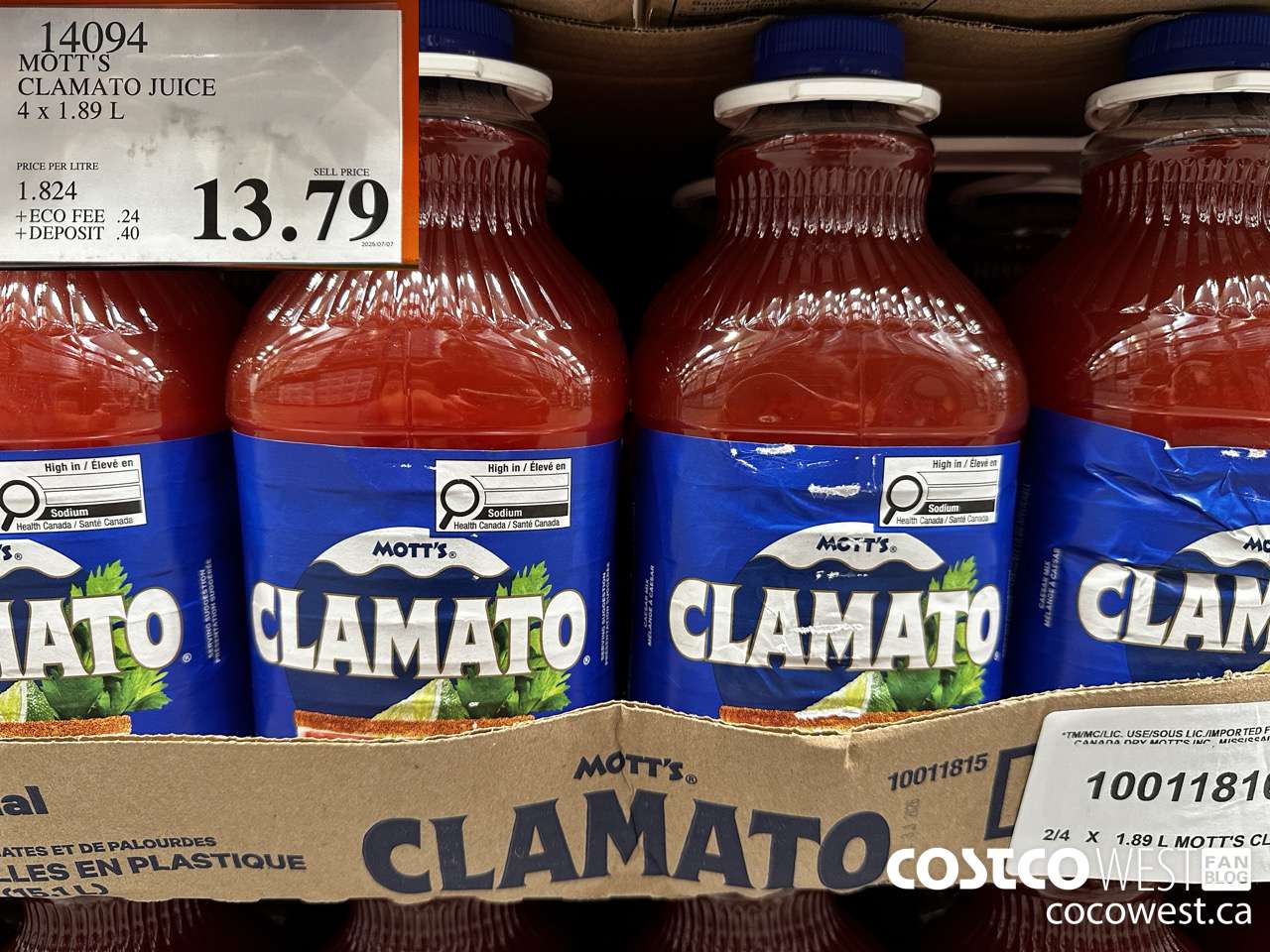 14094 MOTTS CLAMATO JUICE 4 X 1.89 L $13.79