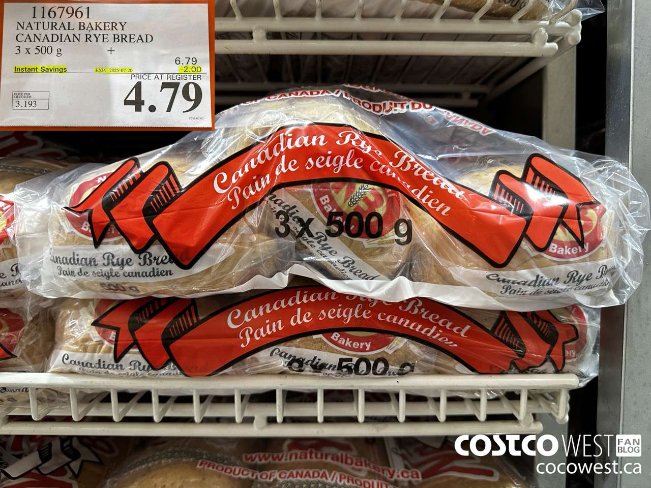 1167961 NATURAL BAKERY CANADIAN RYE BREAD 3 X 500 G ($2.00 INSTANT SAVINGS EXPIRES ON 2025-07-20) $4.79