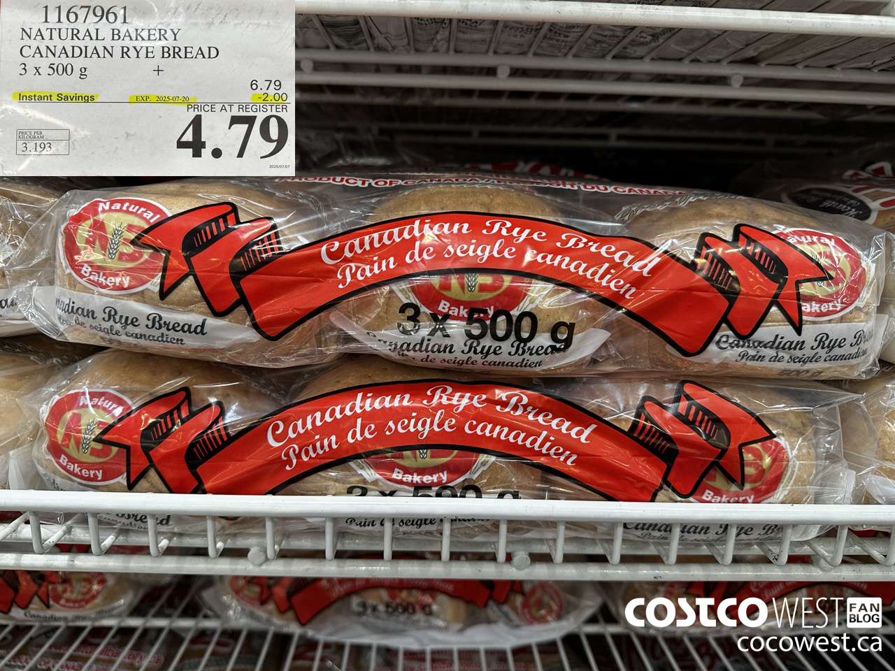 1167961 NATURAL BAKERY CANADIAN RYE BREAD 3 X 500 G ($2.00 INSTANT SAVINGS EXPIRES ON 2025-07-20) $4.79