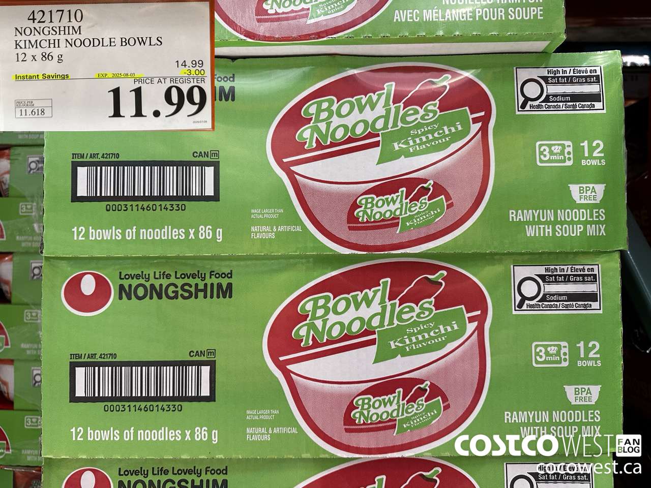 421710 NONG SHIM KIMCHI NOODLE BOWLS 12 x 86g ($3.00 INSTANT SAVINGS EXPIRES ON 2025-08-03) $11.99