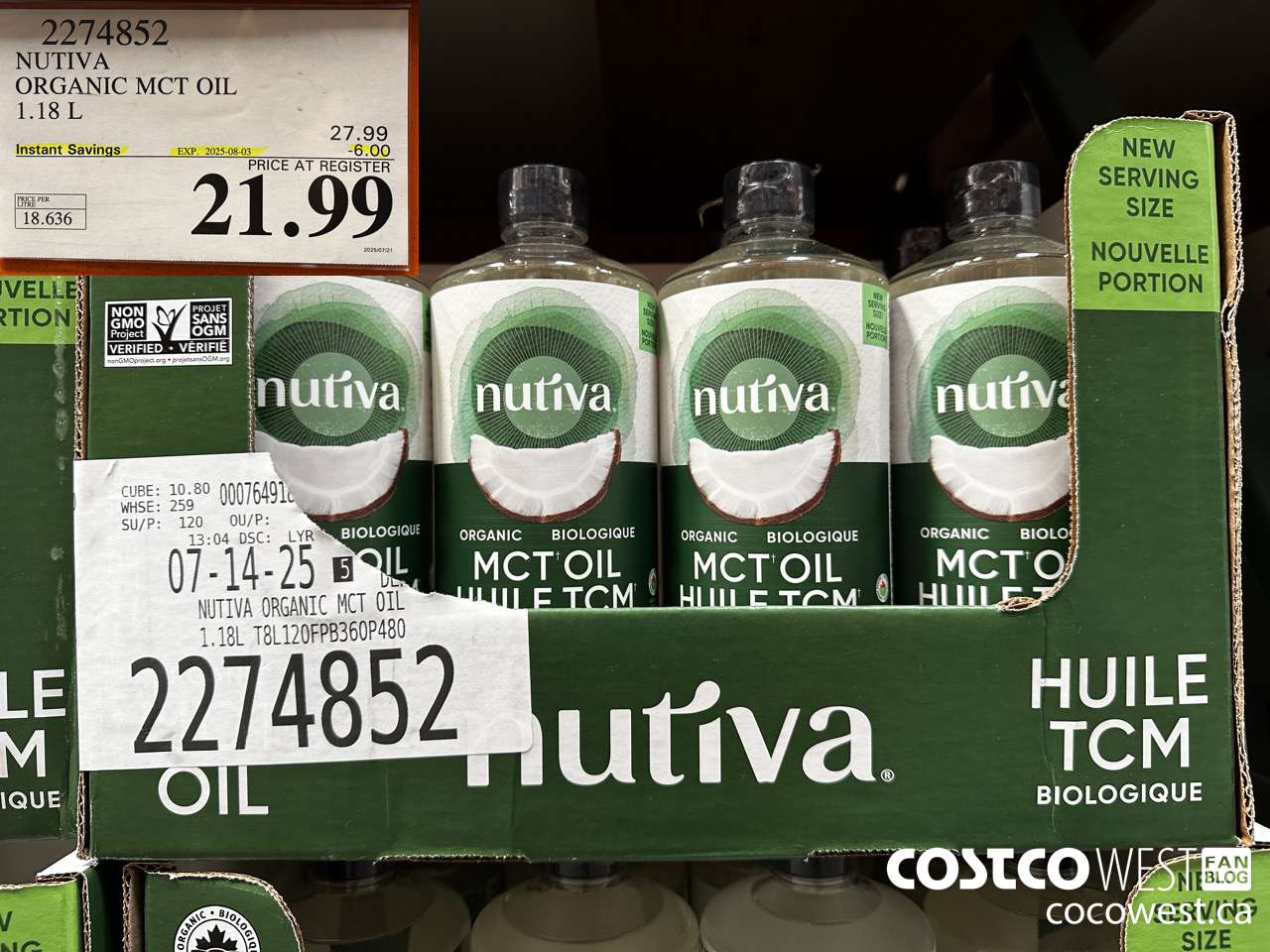 2274852 NUTIVA ORGANIC MCT OIL 1.18L ($6.00 INSTANT SAVINGS EXPIRES ON 2025-08-03) $21.99