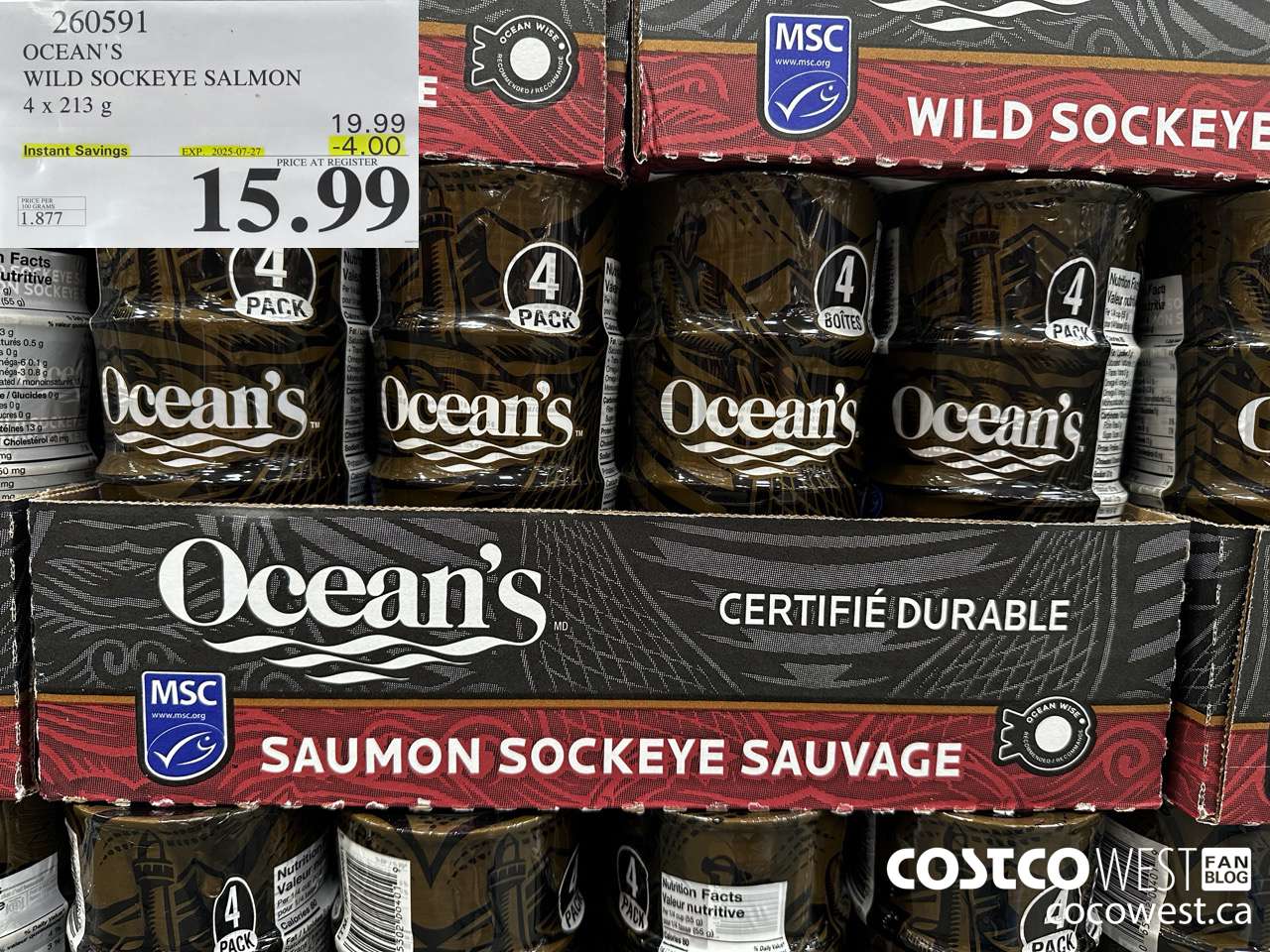 260591 OCEAN'S SOCKEYE SALMON 4 x 213 g ($4.00 INSTANT SAVINGS EXPIRES ON 2025-07-27) $15.99