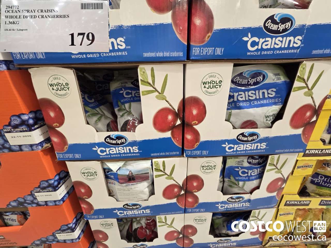 294772 OCEAN SPRAY CRAISINS WHOLE DRIED CRANBERRIES 1.36KG $179.00