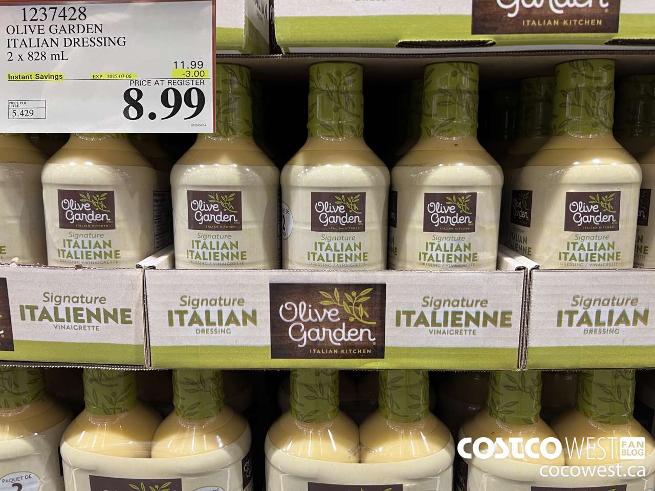 1237428 OLIVE GARDEN ITALIAN DRESSING 2 X 828ML ($3.00 INSTANT SAVINGS EXPIRES ON 2025-07-06) $8.99