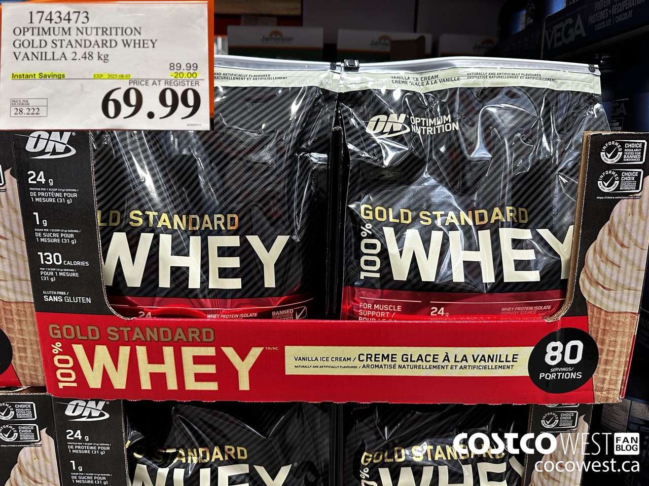 1743473 OPTIMUM NUTRITION GOLD STANDARD WHEY 2.48 KG ($20.00 INSTANT SAVINGS EXPIRES ON 2025-08-03) $69.99