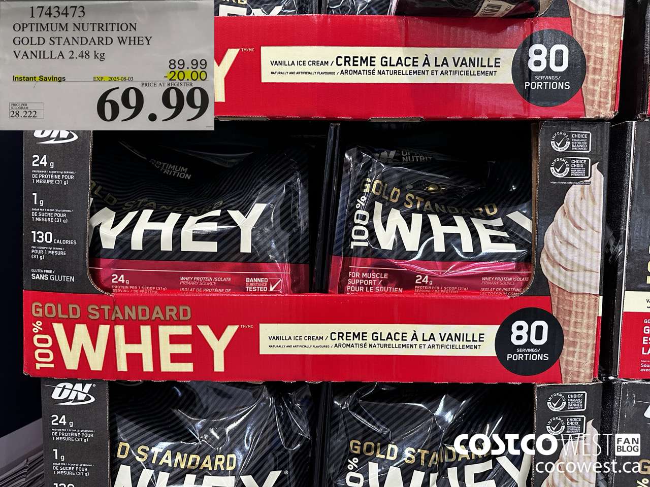 1743473 OPTIMUM NUTRITION GOLD STANDARD WHEY 2.48 KG ($20.00 INSTANT SAVINGS EXPIRES ON 2025-08-03) $69.99