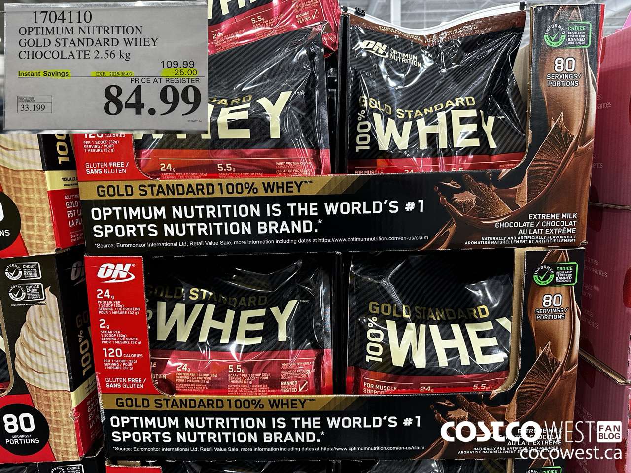 1704110 OPTIMUM NUTRITION GOLD STANDARD WHEY CHOCOLATE 2.56 KG ($25.00 INSTANT SAVINGS EXPIRES ON 2025-08-03) $84.99