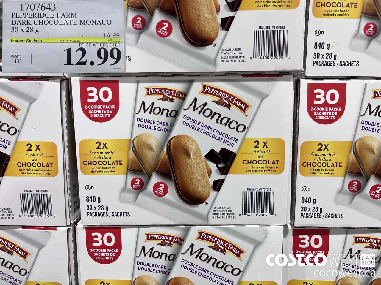 1707643 PEPPERIDGE FARM DARK CHOCOLATE MONACO 30 X 28G ($4.00 INSTANT SAVINGS EXPIRES ON 2025-07-06) $12.99