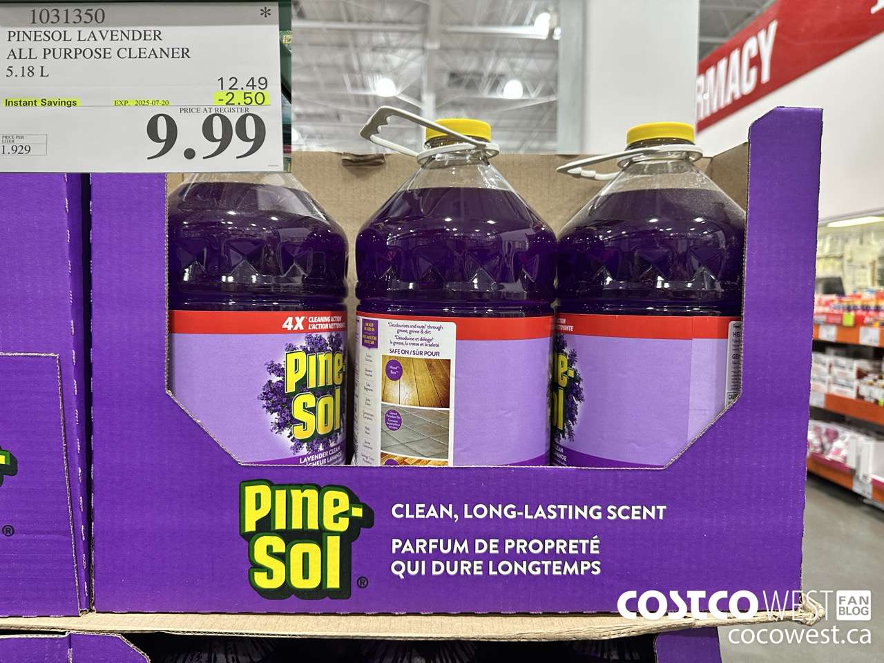 1031350 PINESOL LAVENDER ALL PURPOSE CLEANER 5.18 L ($2.50 INSTANT SAVINGS EXPIRES ON 2025-07-20) $9.99