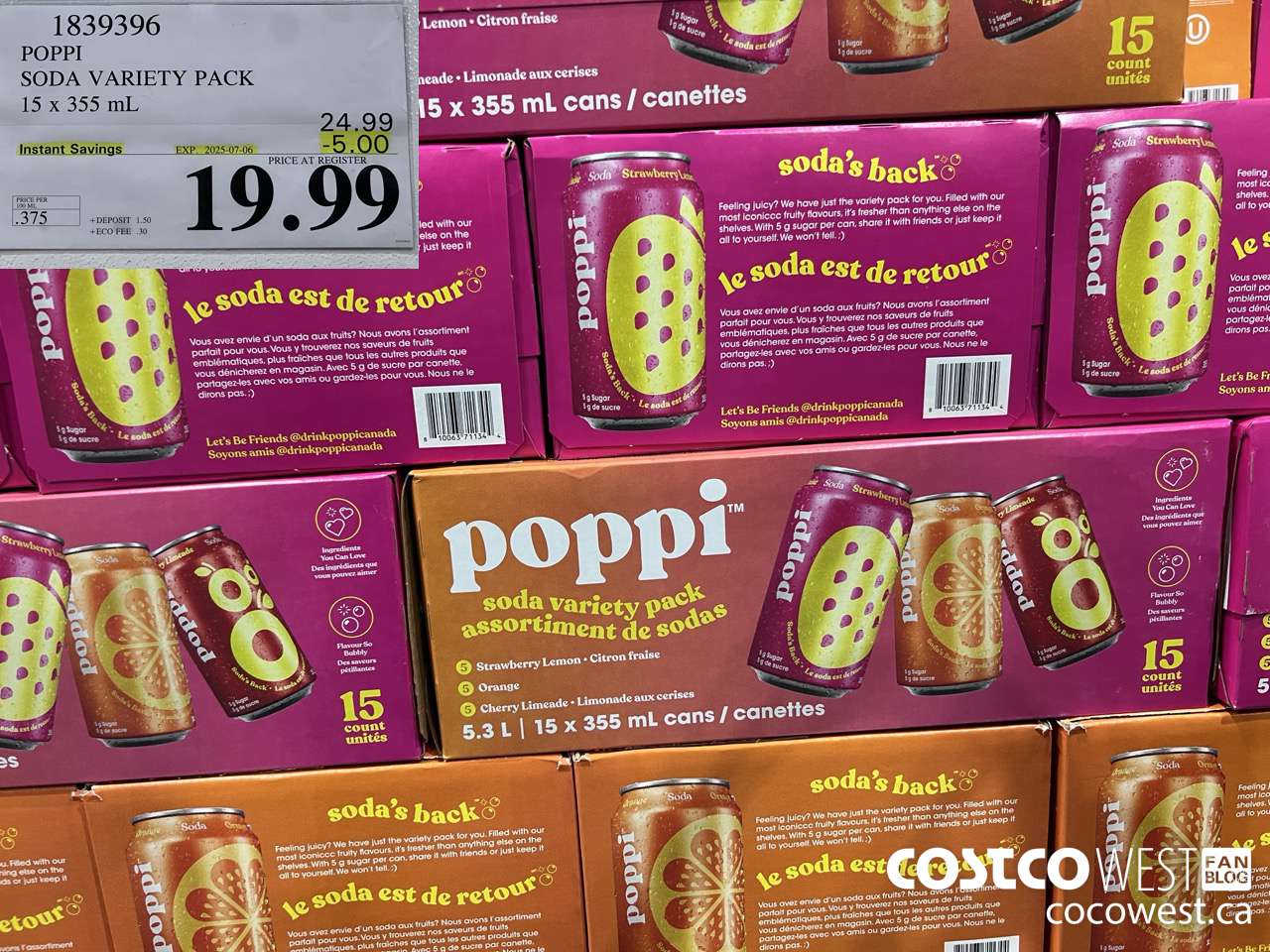 1839396 POPPI SODA VARIETY PACK 15 X 355ML ($5.00 INSTANT SAVINGS EXPIRES ON 2025-07-06) $19.99