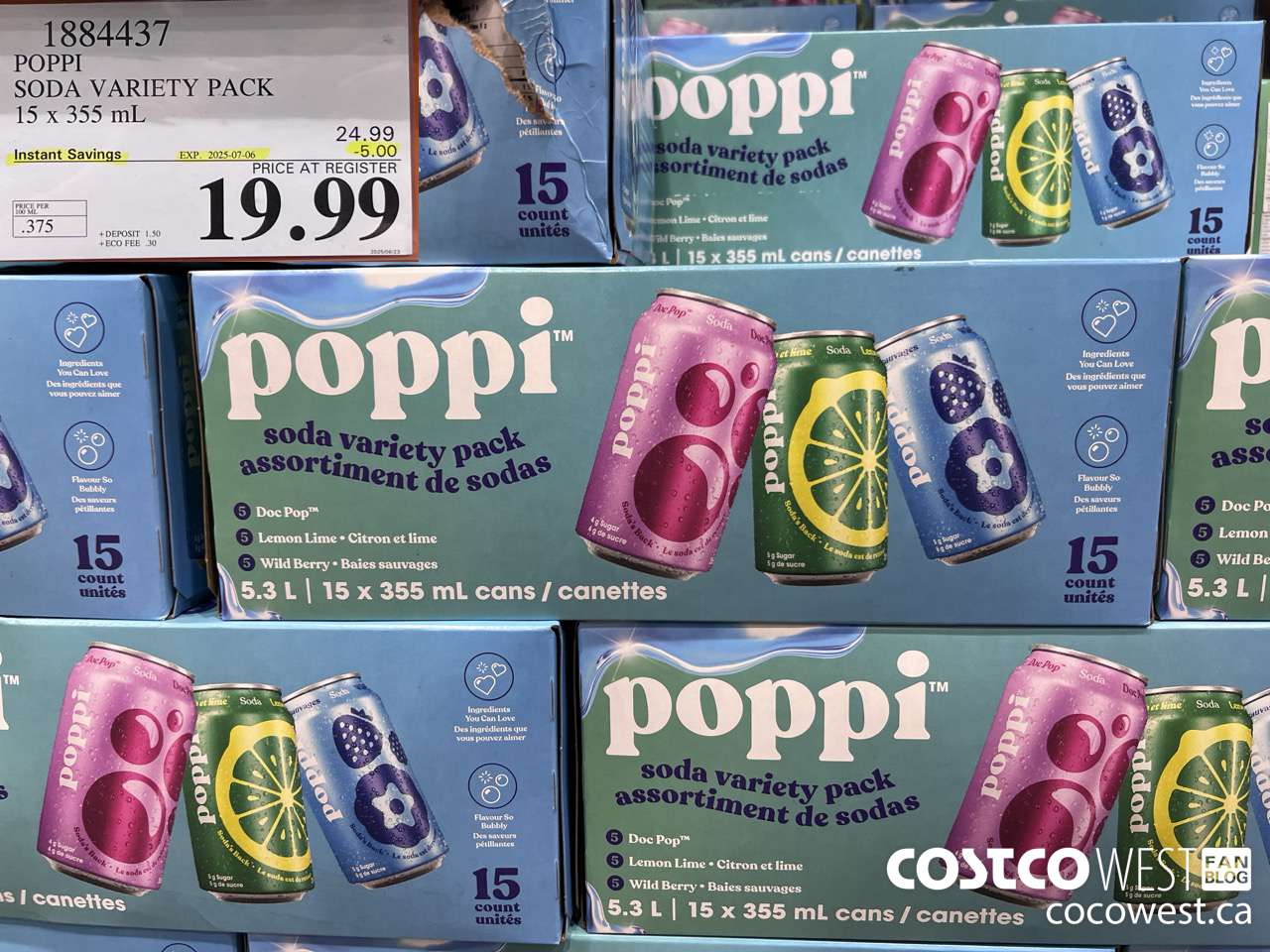 1884437 POPPI SODA VARIETY PACK 15 X 355ML ($5.00 INSTANT SAVINGS EXPIRES ON 2025-07-06) $19.99