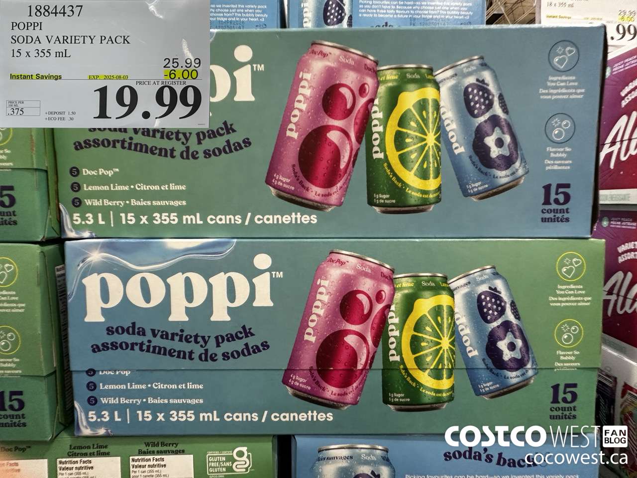 1884437 POPPI SODA VARIETY PACK 15 X 355ML ($6.00 INSTANT SAVINGS EXPIRES ON 2025-08-03) $19.99