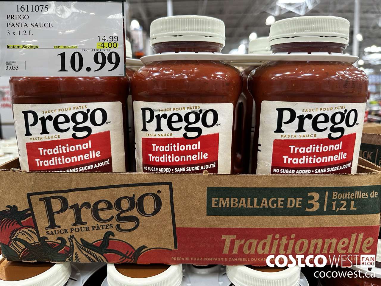 1611075 PREGO ORIGINAL PASTA SAUCE 3 X 1.2 L ($4.00 INSTANT SAVINGS EXPIRES ON 2025-07-20) $10.99