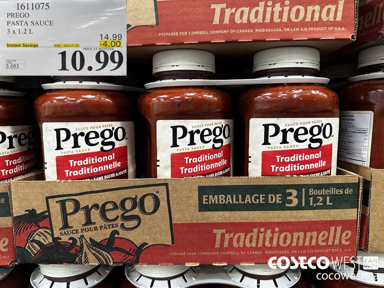 1611075 PREGO ORIGINAL PASTA SAUCE 3 X 1.2 L ($4.00 INSTANT SAVINGS EXPIRES ON 2025-07-20) $10.99
