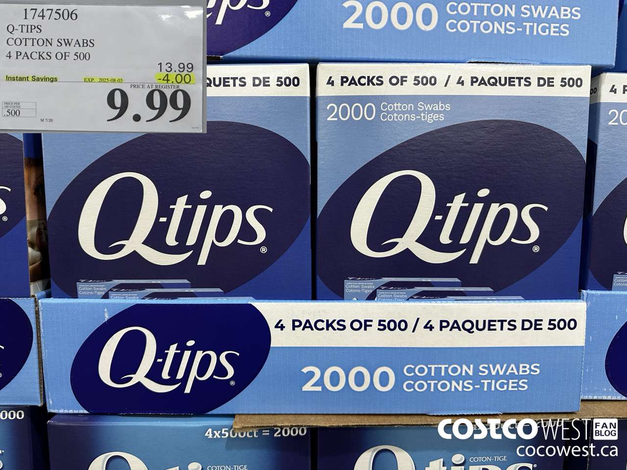 1747506 Q-TIPS COTTON SWABS 4 PACKS OF 500 ($4.00 INSTANT SAVINGS EXPIRES ON 2025-08-03) $9.99