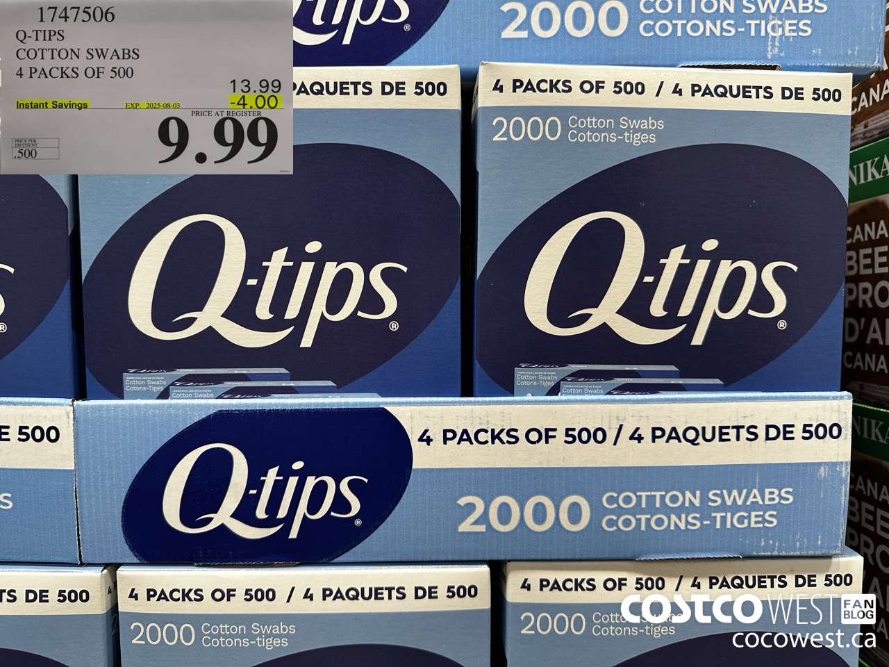 1747506 Q-TIPS COTTON SWABS 4 PACKS OF 500 ($4.00 INSTANT SAVINGS EXPIRES ON 2025-08-03) $9.99