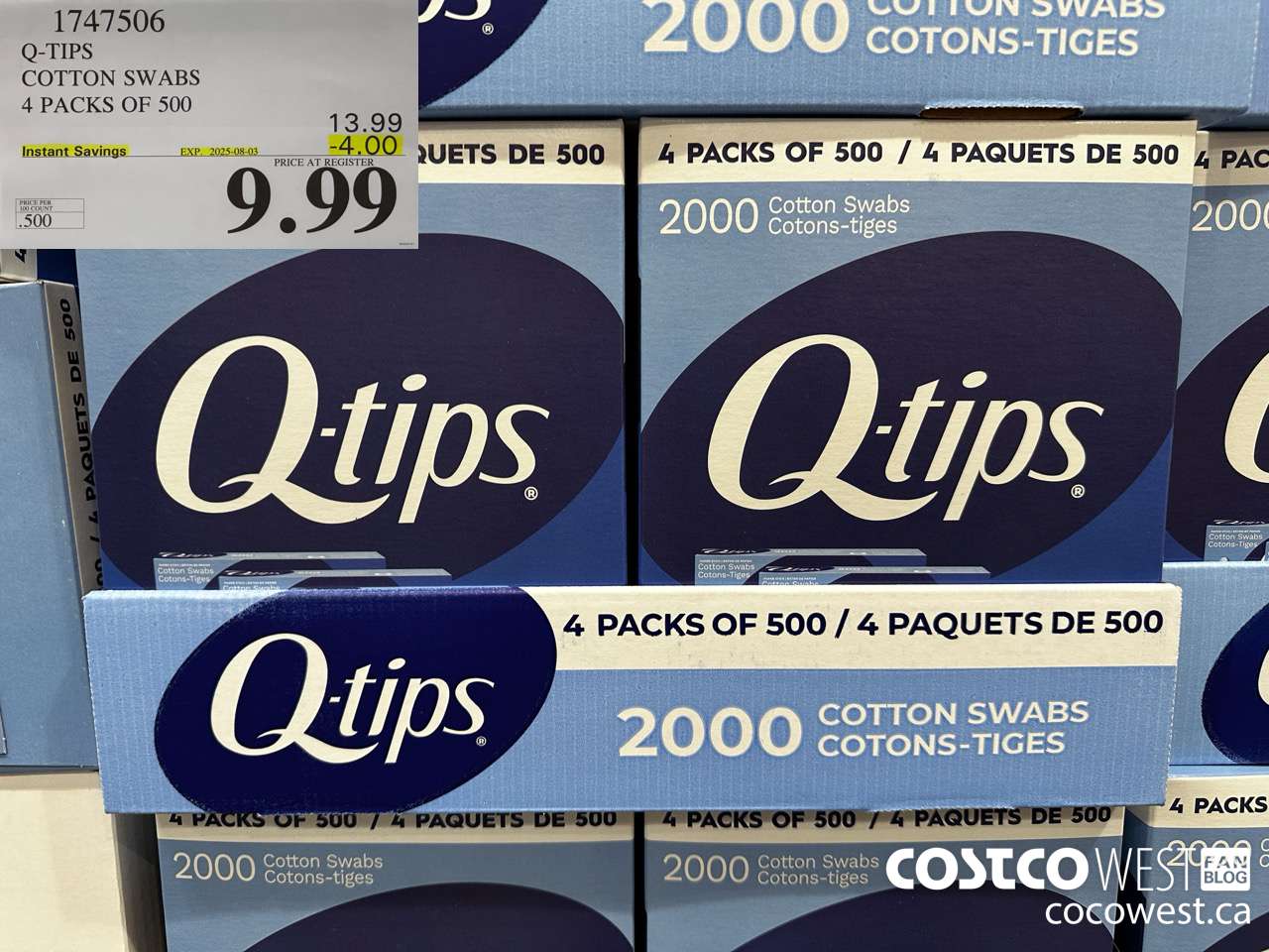 1747506 Q-TIPS COTTON SWABS 4 PACKS OF 500 ($4.00 INSTANT SAVINGS EXPIRES ON 2025-08-03) $9.99