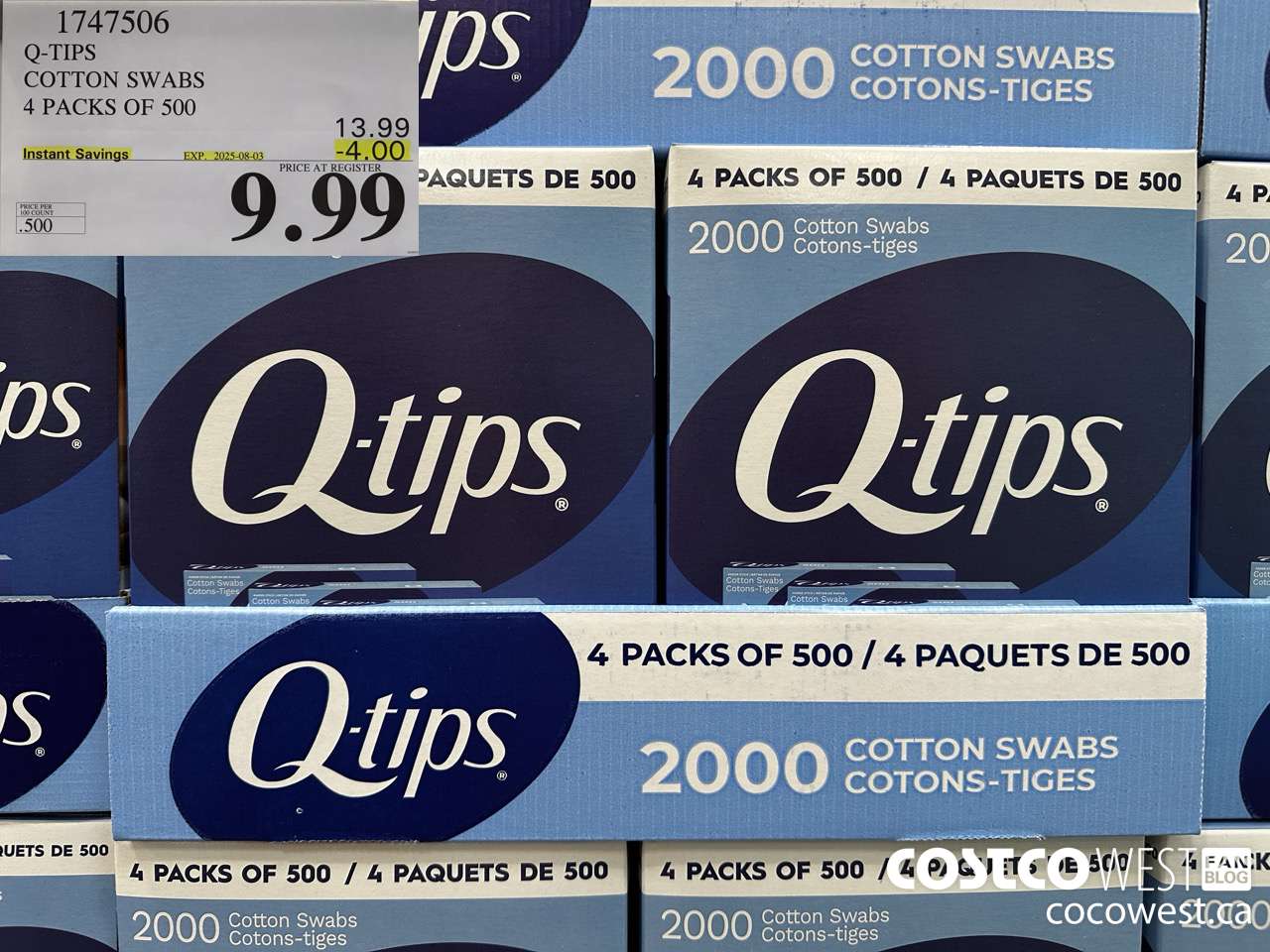 1747506 Q-TIPS COTTON SWABS 4 PACKS OF 500 ($4.00 INSTANT SAVINGS EXPIRES ON 2025-08-03) $9.99
