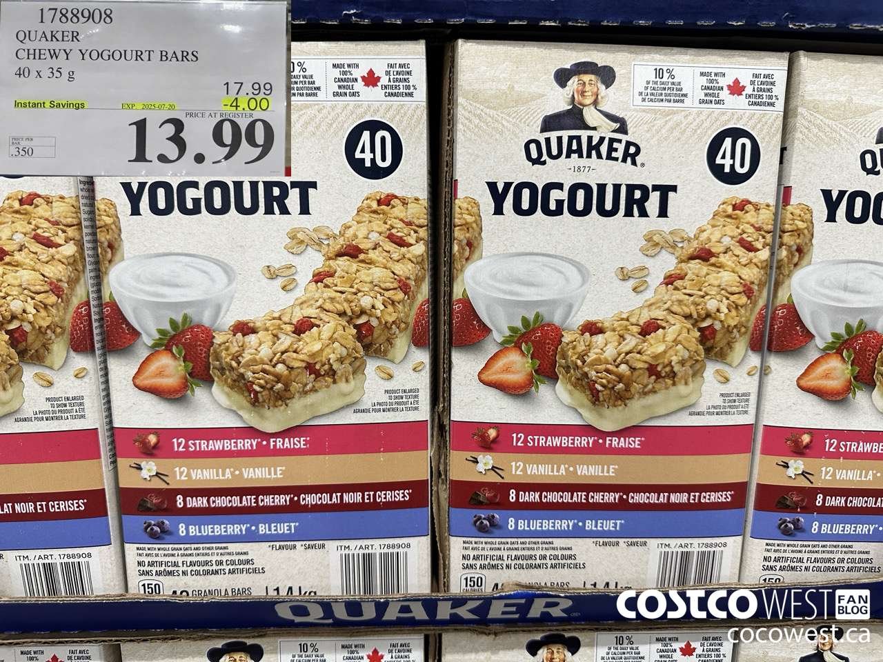 1788908 QUAKER CHEWY YOGOURT BARS 40 X 35 G ($4.00 INSTANT SAVINGS EXPIRES ON 2025-07-20) $13.99