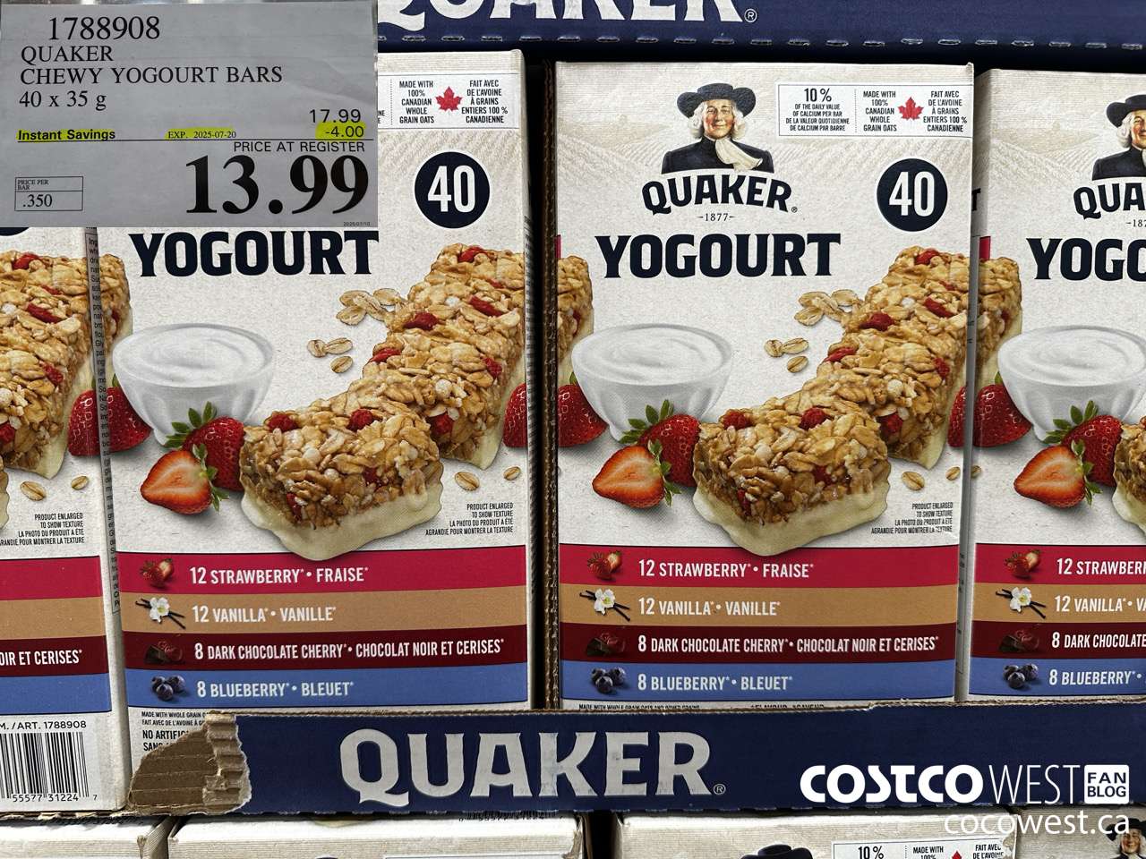 1788908 QUAKER CHEWY YOGOURT BARS 40 X 35 G ($4.00 INSTANT SAVINGS EXPIRES ON 2025-07-20) $13.99
