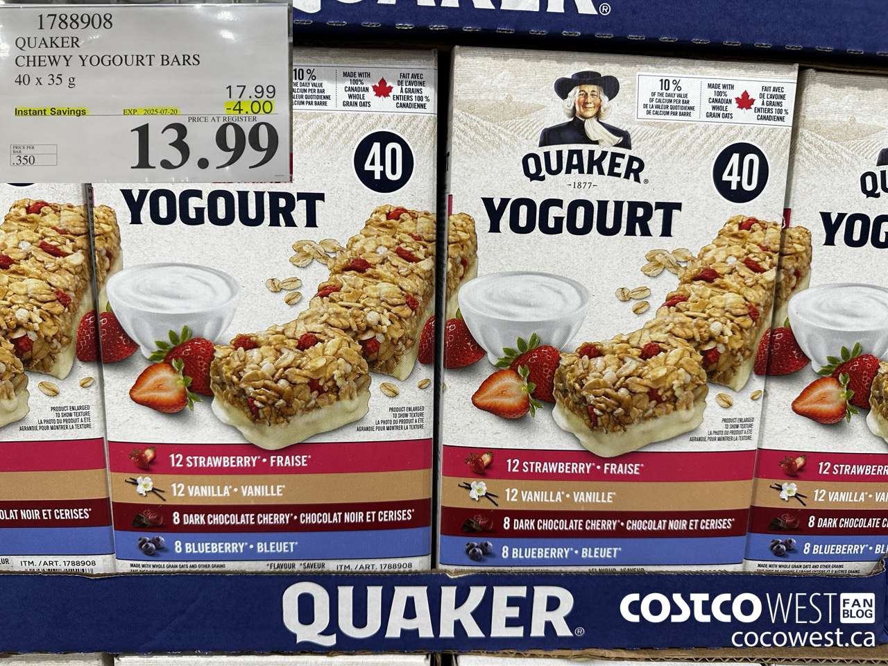 1788908 QUAKER CHEWY YOGOURT BARS 40 X 35 G ($4.00 INSTANT SAVINGS EXPIRES ON 2025-07-20) $13.99