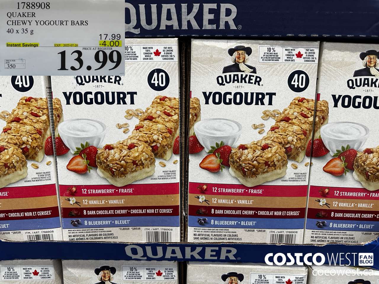 1788908 QUAKER CHEWY YOGOURT BARS 40 X 35 G ($4.00 INSTANT SAVINGS EXPIRES ON 2025-07-20) $13.99