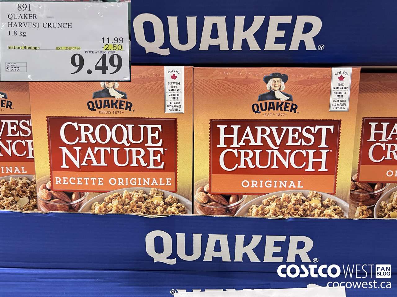 891 QUAKER HARVEST CRUNCH 1.8 KG ($2.50 INSTANT SAVINGS EXPIRES ON 2025-07-06) $9.49