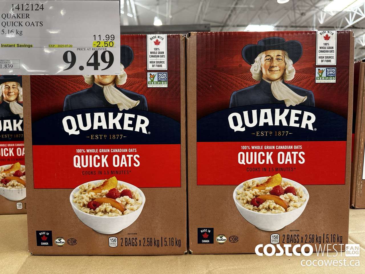 1412124 QUAKER QUICK OATS 5.16 kg ($2.50 INSTANT SAVINGS EXPIRES ON 2025-07-20) $9.49