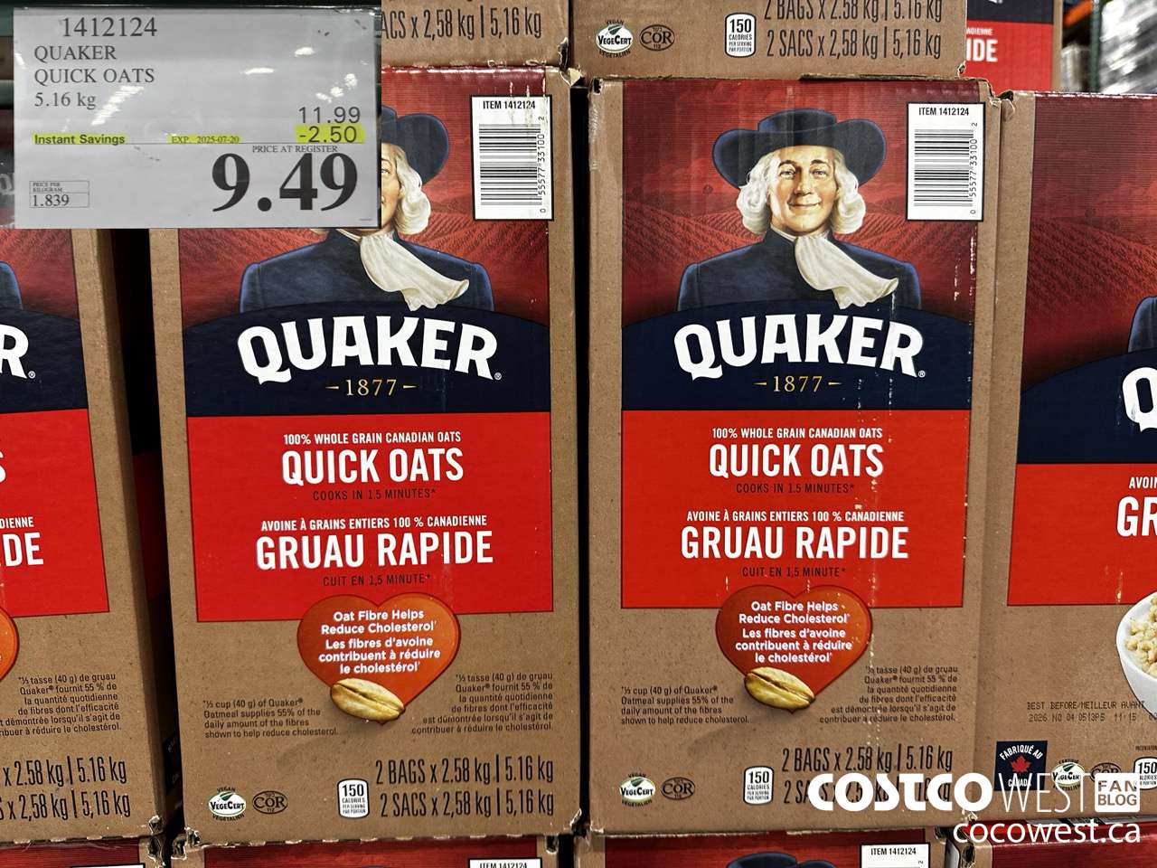 1412124 QUAKER QUICK OATS 5.16 kg ($2.50 INSTANT SAVINGS EXPIRES ON 2025-07-20) $9.49