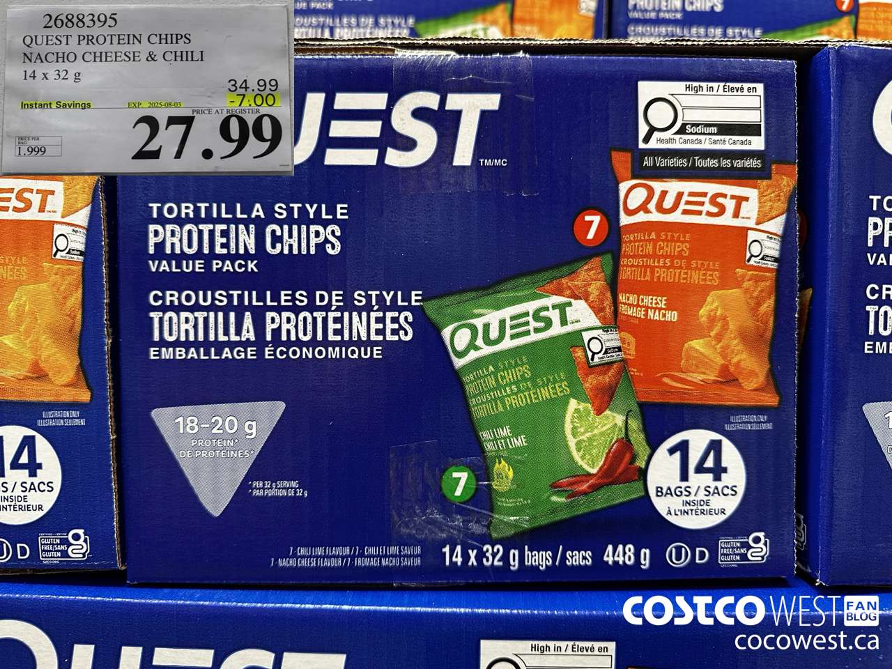 2688395 QUEST PROTEIN CHIPS NACHO CHEESE & CHILI 14 X 32G ($7.00 INSTANT SAVINGS EXPIRES ON 2025-08-03) $27.99