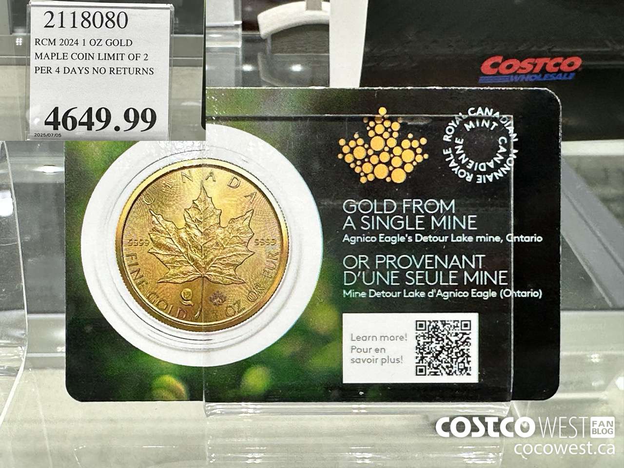 2118080 RCM 2024 1 OZ GOLD. MAPLE COIN LIMIT OF 2 PER 4 DAYS NO RETURNS $4649.99