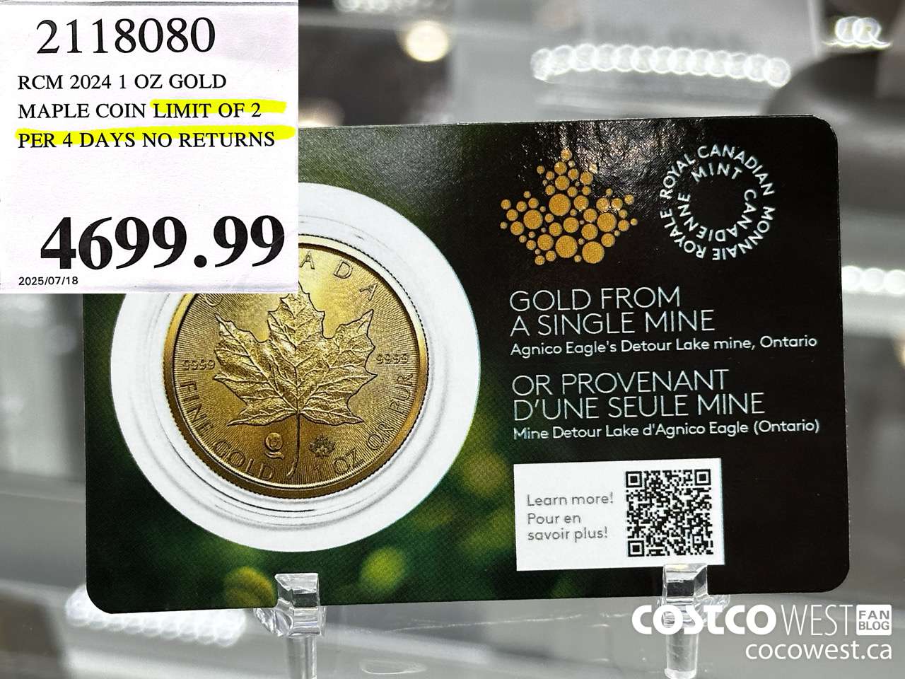 2118080 RCM 2024 1 OZ GOLD. MAPLE COIN LIMIT OF 2 PER 4 DAYS NO RETURNS $4699.99
